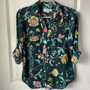 LOFT Vine Utility Green Floral Button Up Blouse